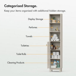 Vonhaus Tall Bathroom Cabinet, Stone Freestanding Storage Tallboy Unit With 6 Shelves, Fluted Texture Door & Gold Handle, Victoria - thumbnail 8