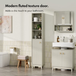 Vonhaus Tall Bathroom Cabinet, Stone Freestanding Storage Tallboy Unit With 6 Shelves, Fluted Texture Door & Gold Handle, Victoria - thumbnail 2