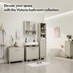 Vonhaus Tall Bathroom Cabinet, Stone Freestanding Storage Tallboy Unit With 6 Shelves, Fluted Texture Door & Gold Handle, Victoria - thumbnail 7