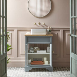 Homestylestore Light Grey And Oak 645mm Bathroom Vanity Unit With Square Countertop Basin And Brushed Brass Classic Square Handles - thumbnail 2