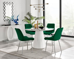 Furniturebox Palma White Marble Effect Round 4-6 Seater Pedestal Dining Table & 4 Green Velvet Pesaro Silver Leg Chairs