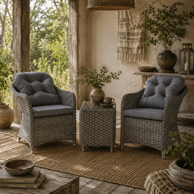 Wyld Haus Ravi Light Grey 3-Piece Bistro Rattan Garden Furniture Set - 2 Cushioned Armchairs And Side Table - image 1