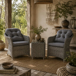Wyld Haus Ravi Light Grey 3-Piece Bistro Rattan Garden Furniture Set - 2 Cushioned Armchairs And Side Table