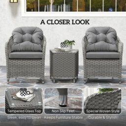 Wyld Haus Ravi Light Grey 3-Piece Bistro Rattan Garden Furniture Set - 2 Cushioned Armchairs And Side Table - thumbnail 6