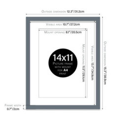 "14X11"" Grey Frame With Mount For A4 Pictures 20mm Slim Edge Portrait And Landscape Display With Wall Hooks And Kickstand" - thumbnail 2