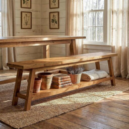63-Inch Solid Wood Dining Bench Modern Indoor Bench Seating With Storage Shelf - thumbnail 1