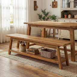 63-Inch Solid Wood Dining Bench Modern Indoor Bench Seating With Storage Shelf - thumbnail 3