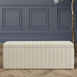 180Cm Wide Lux Ottoman Storage Box, Cream Velvet Upholstered Full Striped Storage Ottoman Box
