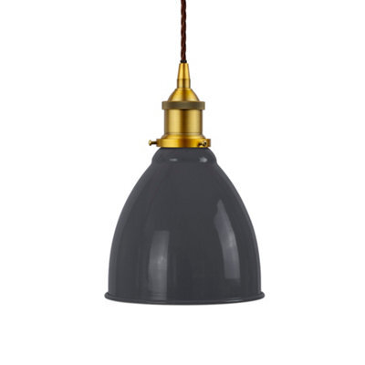 Slate Grey Classic Small Pantry Metal Painted Dome Pendant Light With Antique Gold Lamp Holder And Brown Twisted Cable - Se Home - image 1