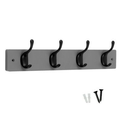 Keypak 4 Matte Black Coat Hooks On Grey Wooden Board - 46Cm Modern Wall Mounted Coat Rack Clothes Hanger - image 1