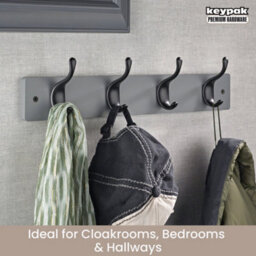 Keypak 4 Matte Black Coat Hooks On Grey Wooden Board - 46Cm Modern Wall Mounted Coat Rack Clothes Hanger - thumbnail 5