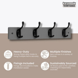 Keypak 4 Matte Black Coat Hooks On Grey Wooden Board - 46Cm Modern Wall Mounted Coat Rack Clothes Hanger - thumbnail 2