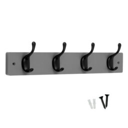 Keypak 4 Matte Black Coat Hooks On Grey Wooden Board - 46Cm Modern Wall Mounted Coat Rack Clothes Hanger