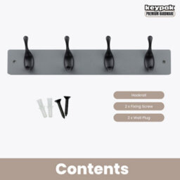 Keypak 4 Matte Black Coat Hooks On Grey Wooden Board - 46Cm Modern Wall Mounted Coat Rack Clothes Hanger - thumbnail 4