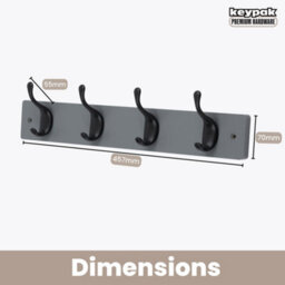 Keypak 4 Matte Black Coat Hooks On Grey Wooden Board - 46Cm Modern Wall Mounted Coat Rack Clothes Hanger - thumbnail 3