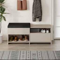 Decortie Modern Filux Shoe Bench Rack Sand Stone Sliding Fabric Seat And 120.3(W) Storage Cabinet 2-Tier Open Shelves Hallway