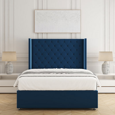 Bsspoke Winchester Divan Bed Set Blue Plush Velvet 54Inch Wingedback Headboard & Mattress & No Drawers All Sizes Available - image 1
