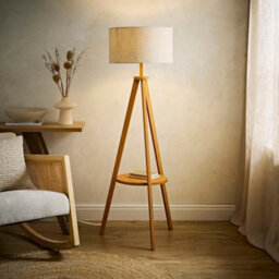 Valuelights Morrigan Linen Fabric Drum Shade Mid Wood Tripod Floor Lamp - thumbnail 1