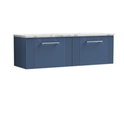 Balterley Belvide Partial Fluted 2 Drawer Wall Hung Vanity Unit With Carrera Marble Laminate Worktop - 1200mm - Satin Blue