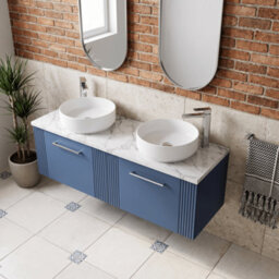 Balterley Belvide Partial Fluted 2 Drawer Wall Hung Vanity Unit With Carrera Marble Laminate Worktop - 1200mm - Satin Blue - thumbnail 3