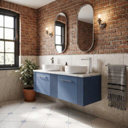 Balterley Belvide Partial Fluted 2 Drawer Wall Hung Vanity Unit With Carrera Marble Laminate Worktop - 1200mm - Satin Blue - thumbnail 4