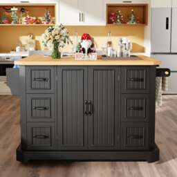 Btm Mobile Kitchen Island Cart With 2 Doors And 6 Drawers, Adjustable 45 To 75Cm, Black - thumbnail 2