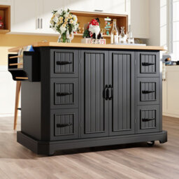 Btm Mobile Kitchen Island Cart With 2 Doors And 6 Drawers, Adjustable 45 To 75Cm, Black - thumbnail 6