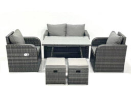 Fimous Outdoor Garden Furniture Set Rattan Sofa Dining Table Set With Reclining Chair 2 Small Footstool Dark Grey Mixed - thumbnail 1
