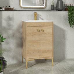 Royal Bathrooms Verona 500mm Natural Oak Floor Standing Bathroom Vanity Unit 2 Door With Minimalist Basin & Brushed Brass Knob - thumbnail 1
