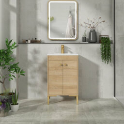 Royal Bathrooms Verona 500mm Natural Oak Floor Standing Bathroom Vanity Unit 2 Door With Minimalist Basin & Brushed Brass Knob - thumbnail 4
