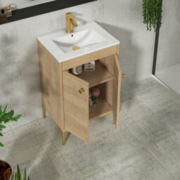 Royal Bathrooms Verona 500mm Natural Oak Floor Standing Bathroom Vanity Unit 2 Door With Minimalist Basin & Brushed Brass Knob - thumbnail 5