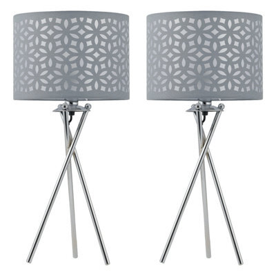 First Choice Lighting Set Of 2 Chrome Tripod Table Lamps With Grey Laser Cut Shades - image 1