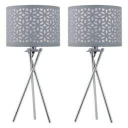First Choice Lighting Set Of 2 Chrome Tripod Table Lamps With Grey Laser Cut Shades - thumbnail 1