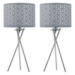 First Choice Lighting Set Of 2 Chrome Tripod Table Lamps With Grey Laser Cut Shades