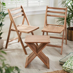 Dibor Wooden 3Pc Bistro Set Teak Slatted Wooden Folding Indoor Furniture Coffee Table And Chair Set - thumbnail 3