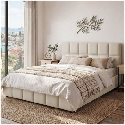 Tectake Upholstered Bed Set With Mattress, 2 Firmness Levels, 250 Kg 180 X 200 Cm -  30 Cm -  Velvet Look Sand - image 1