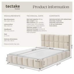 Tectake Upholstered Bed Set With Mattress, 2 Firmness Levels, 250 Kg 180 X 200 Cm -  30 Cm -  Velvet Look Sand - thumbnail 6