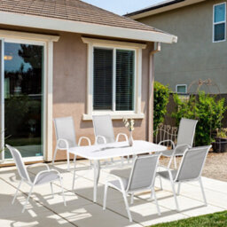 Wyld Haus Niseso 7-Piece Outdoor Dining Set - White Metal, Light Grey Mesh - thumbnail 3