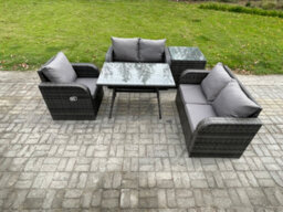 Fimous 5 Pieces Outdoor Garden Dining Sets Rattan Furniture With Dining Table Armchairs Love Sofa Side Table Dark Grey Mixed - thumbnail 2