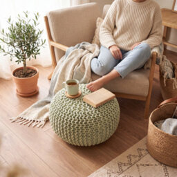 Bravich Sage Green Chunky Knitted Pouffe Footstool - 50Cm Round - thumbnail 5