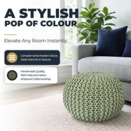 Bravich Sage Green Chunky Knitted Pouffe Footstool - 50Cm Round - thumbnail 6