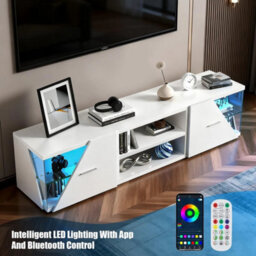 Mdf Tv Cabinet With 2 Doors, Rgb Led Lighting Entertainment Unit - thumbnail 5