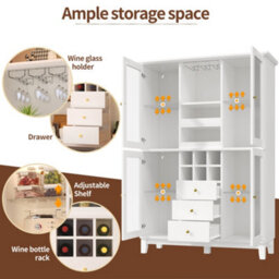Abrihome White 180.5Cm Tall Wine Cabinet With App-Controlled Led Lights, Glass Doors, 3 Drawers & Wine Rack - thumbnail 4