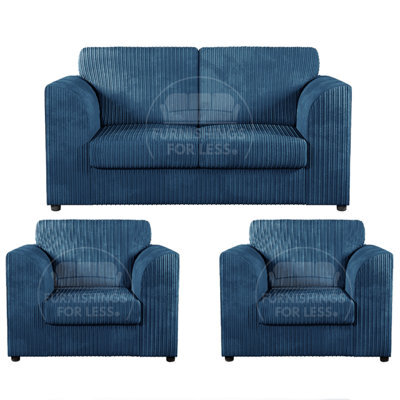 Furnishings For Less UK Luxor Jumbo Cord 2 + 1 + 1 Fabric 3 Piece Sofa Suite - Fullback Marine Blue - image 1