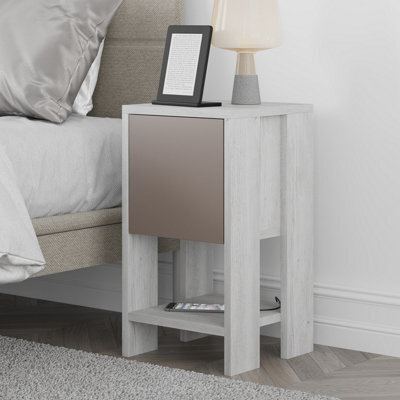 Decortie Ema Modern Bedside Table With Storage Drop-Door Cabinet Ancient White Mocha Grey 30Cm Width - image 1