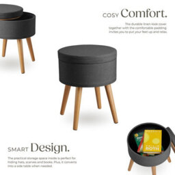Tectake Stool Yara - Round, Padded, With Storage Space, Linen Look - Dark Grey, 1 - thumbnail 3