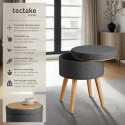 Tectake Stool Yara - Round, Padded, With Storage Space, Linen Look - Dark Grey, 1 - thumbnail 2