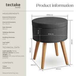 Tectake Stool Yara - Round, Padded, With Storage Space, Linen Look - Dark Grey, 1 - thumbnail 6