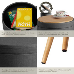 Tectake Stool Yara - Round, Padded, With Storage Space, Linen Look - Dark Grey, 1 - thumbnail 5