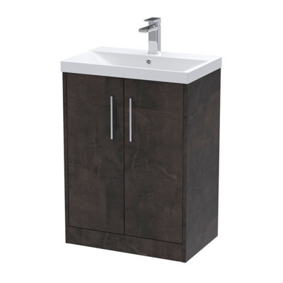 Hudson Reed Juno Floor Standing 2 Soft Close Door Vanity Unit With Thin-Edge Ceramic Basin In Metallic Slate Finish, 600mm - image 1